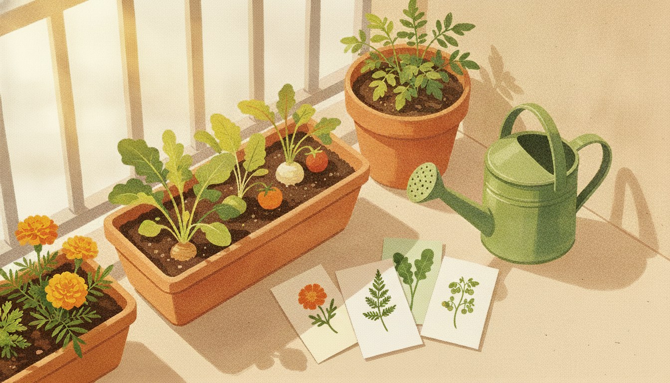 阳台种菜插画：花盆、菜苗、种子包与喷壶